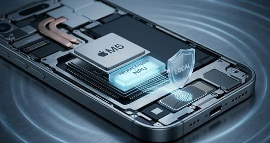 The internal M5 silicon hardware architecture running Apple Intelligence iOS 27 locally.