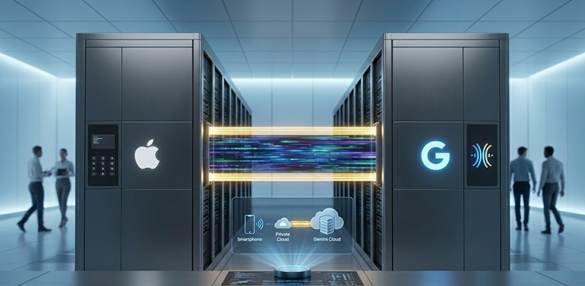 A high-tech data center showing the Apple and Google cloud network alliance for Apple Intelligence iOS 27.