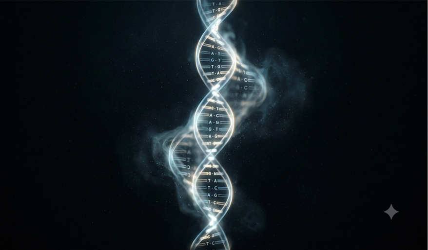 Conceptual glowing ghost DNA strand representing unknown human ancestors