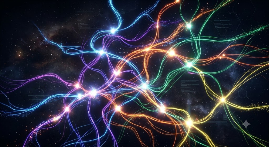 Futuristic neural web chart showing the complex evolutionary paths of unknown human ancestors
