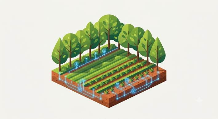 Agroforestry integrated with artificial intelligence for ecological restoration and precise water management.