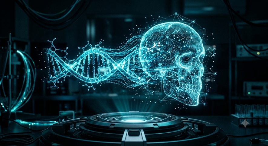 Digital holographic skull used by AI to discover unknown human ancestors through genomic sequencing