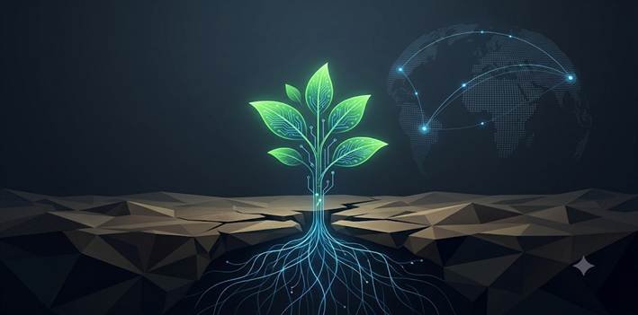 Digital-organic fusion plant symbolizing advanced ecological restoration and arid soil regeneration.